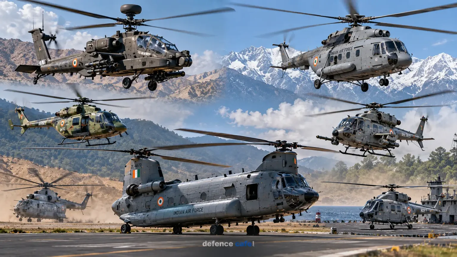 Indian military helicopters representing attack, utility, transport and naval aviation roles