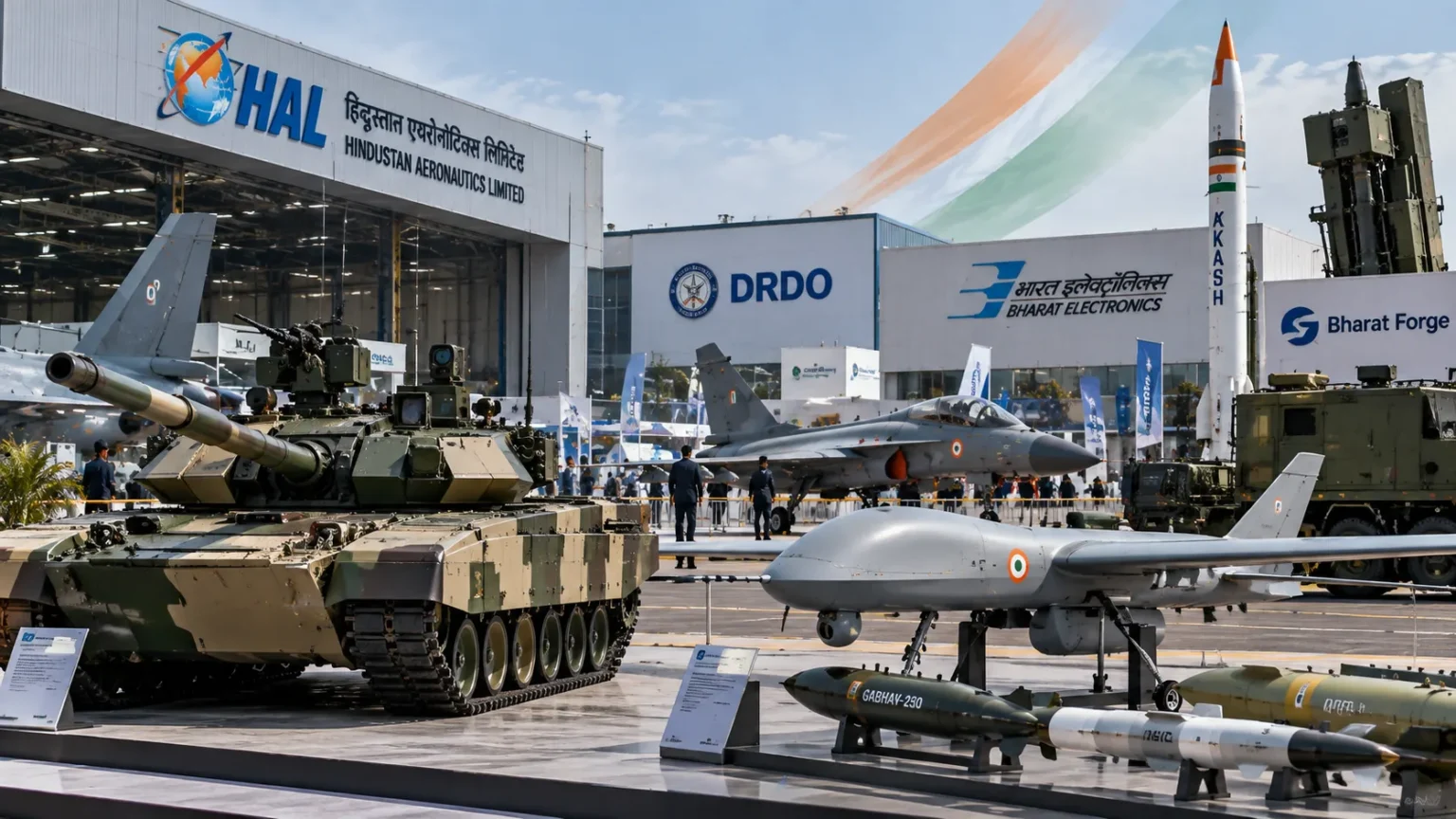 Indian defence industry manufacturing fighter aircraft, warships, missiles, radar systems and military vehicles