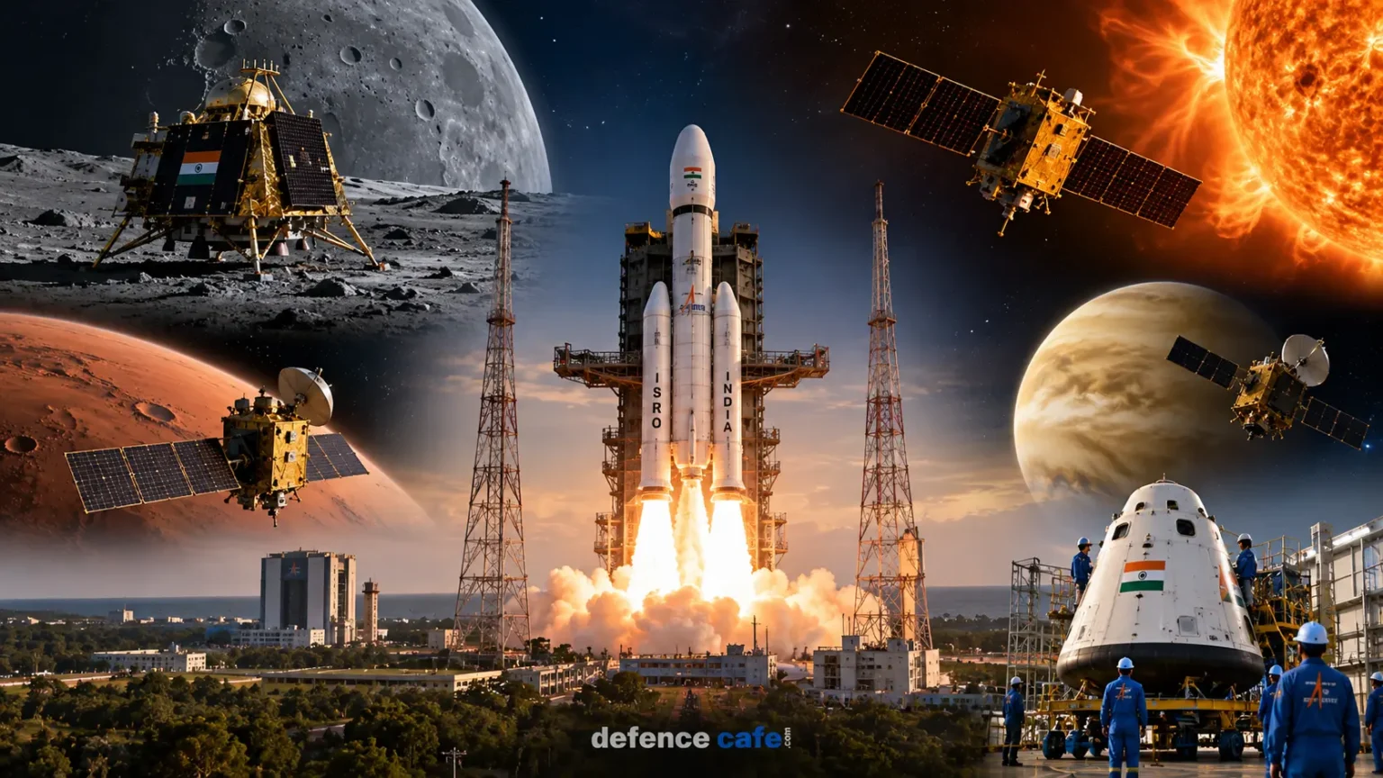 ISRO launch vehicle, satellite and spacecraft representing India's space programme and missions
