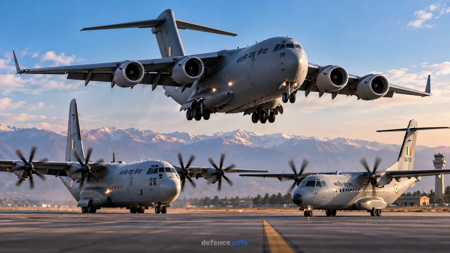 Indian Air Force C-17, C-130J and C-295 military transport aircraft representing strategic and tactical airlift