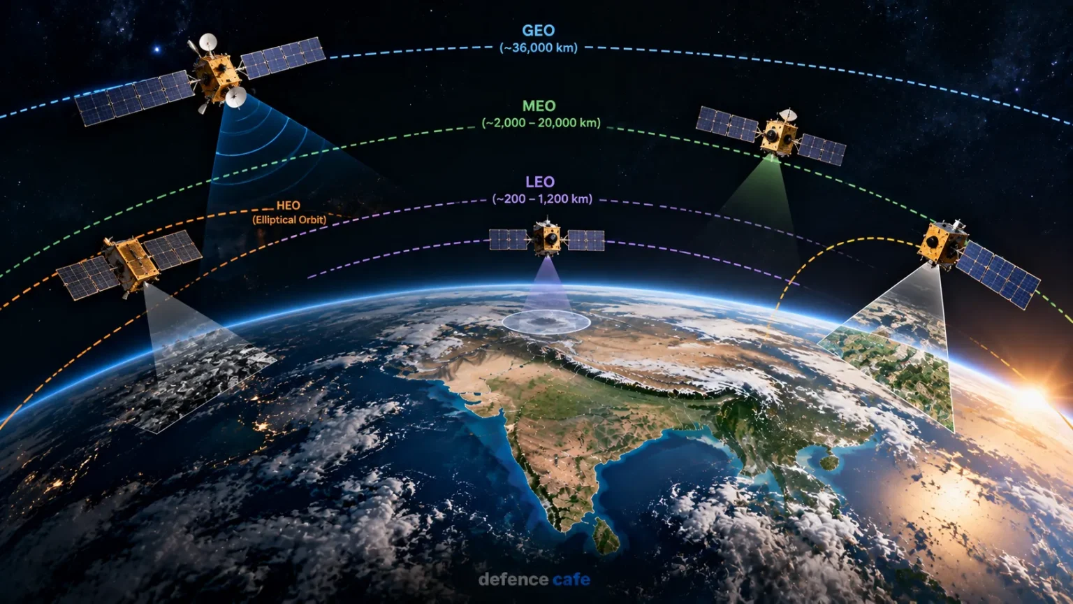 Different types of satellites in Earth orbit representing communication, navigation, Earth observation and scientific missions