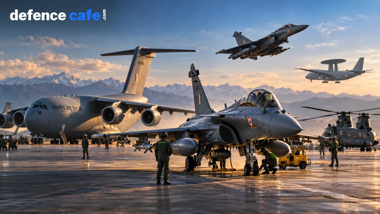 Indian Air Force fighter jet, transport aircraft and helicopters representing modern air power