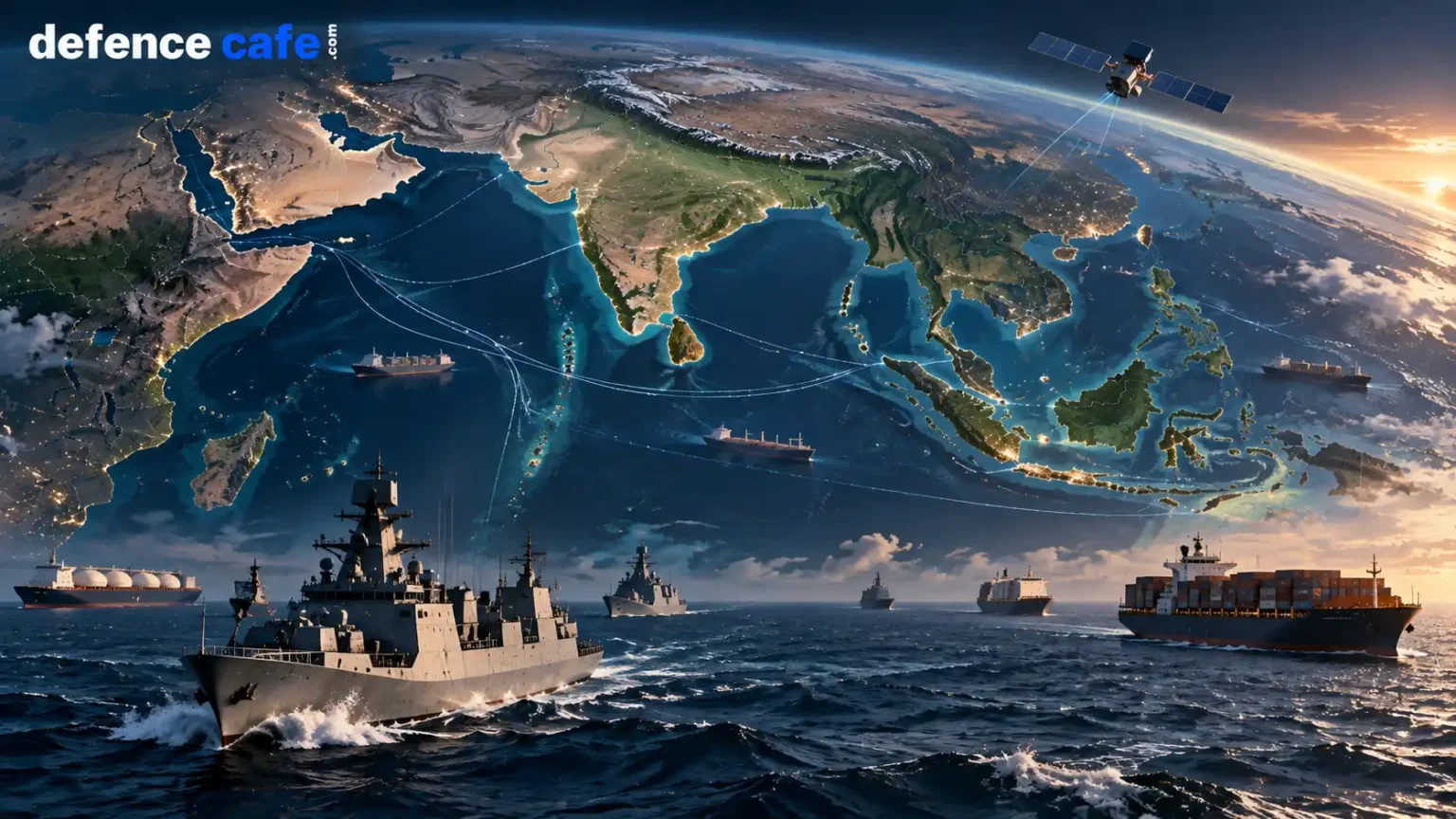 Indian Ocean and Indo-Pacific map concept showing maritime routes, India and key regional sea lanes