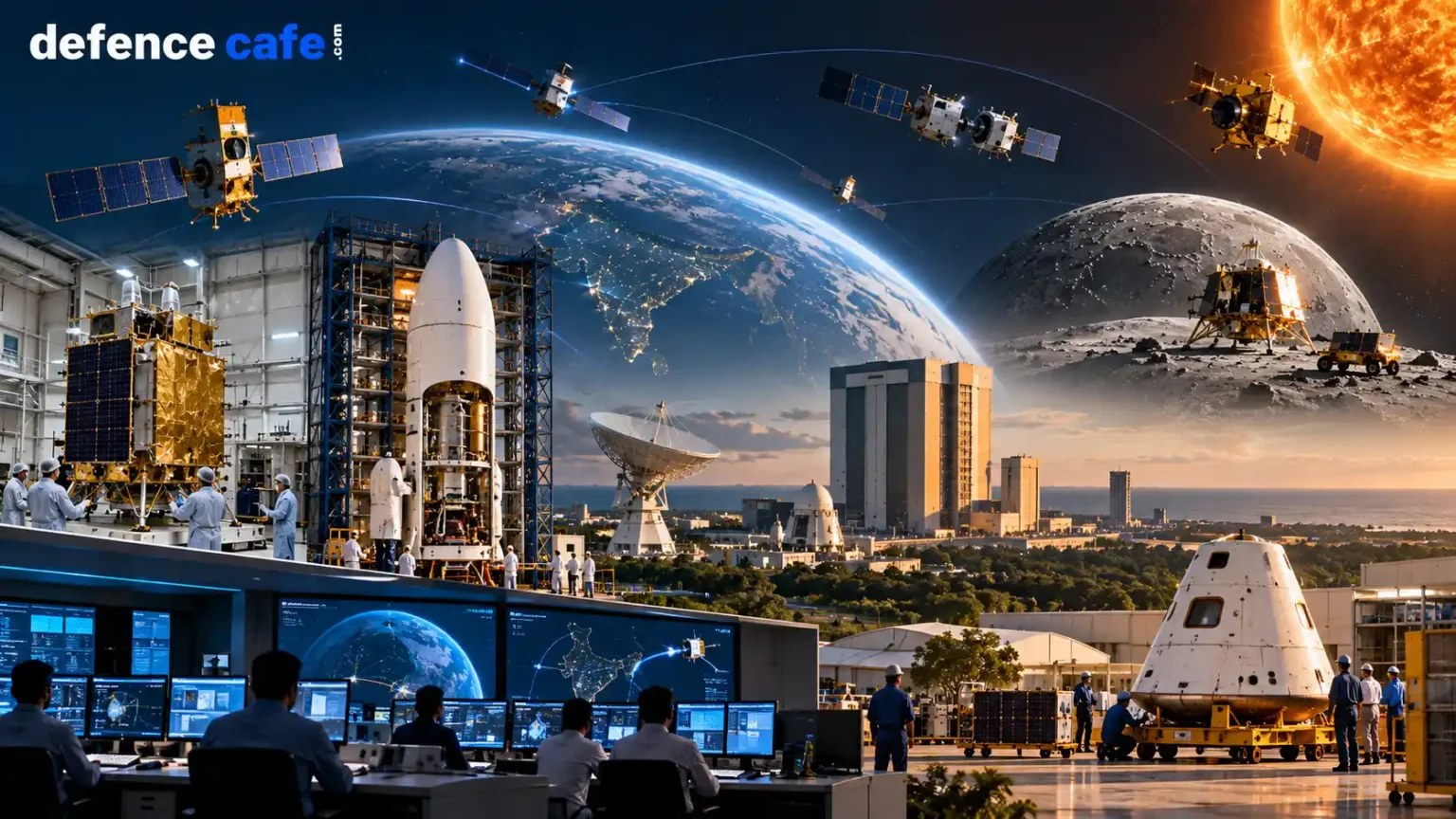 Indian space missions represented by Chandrayaan, Aditya-L1, Gaganyaan and modern spacecraft around Earth and the Moon